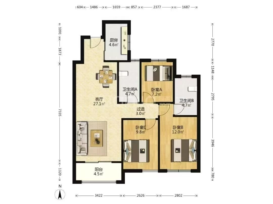 星城新宇黎锦苑  3室2厅2卫   2500.00元/月户型图