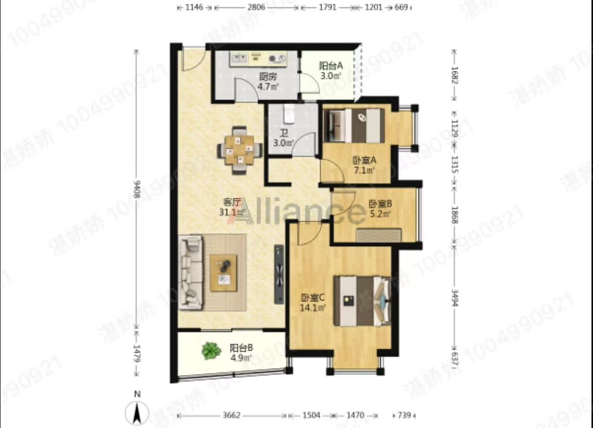 江山帝景雅典  2室2厅1卫   2100.00元/月户型图