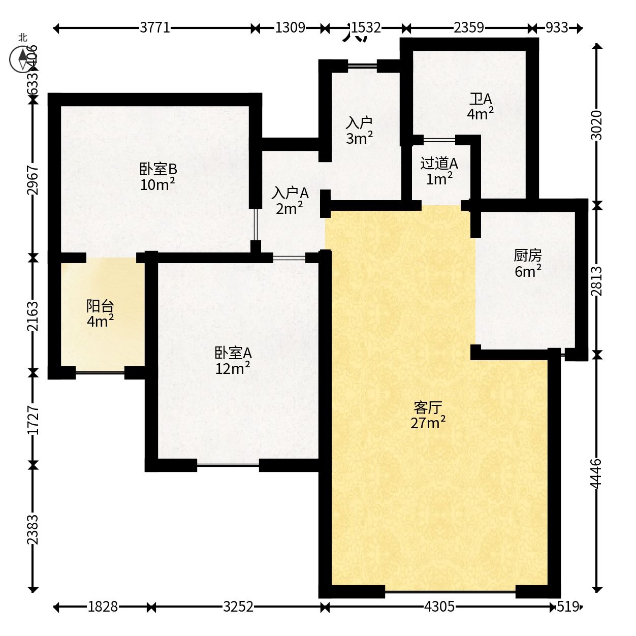 保利城（中航城国际社区、郡原美村）  2室2厅1卫   2000.00元/月户型图