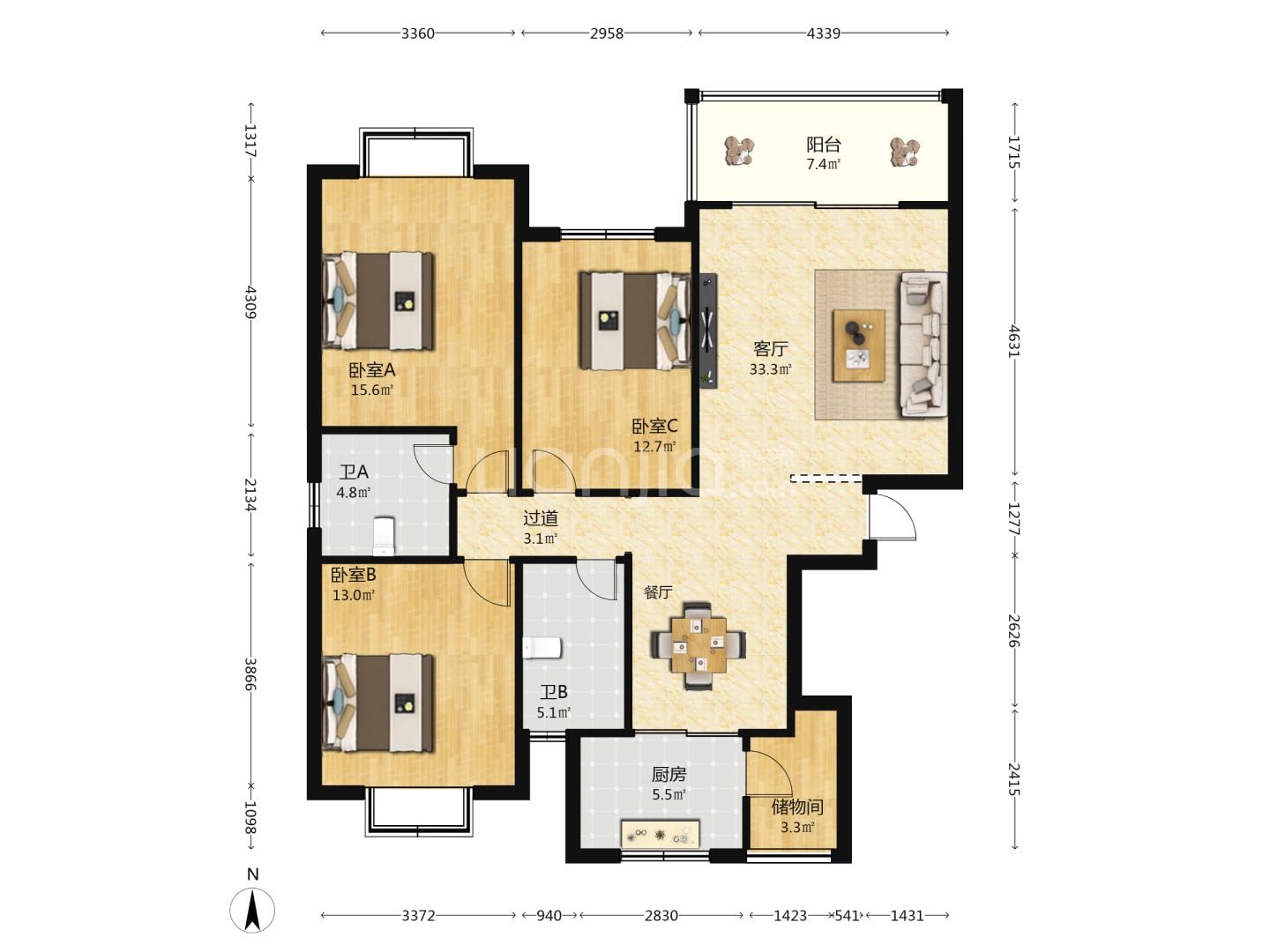文博府A区  3室2厅2卫   139.00万户型图