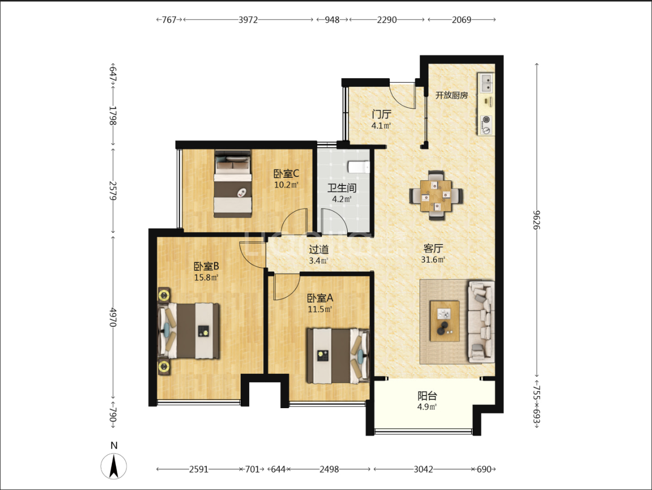 美的城三期 3室2厅1卫 37.8万 美的城三期 3室2厅1卫 37.8万室内图
