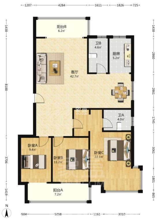 京鹰华府  3室2厅2卫   2000.00元/月室内图