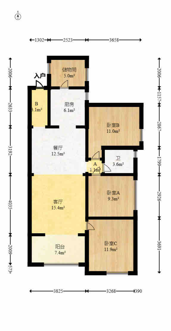 五矿紫湖香醍  3室2厅1卫    1800.0元/月户型图