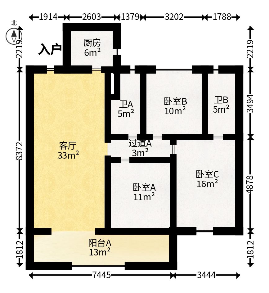 金地都会风華  3室2厅2卫    3900.0元/月户型图