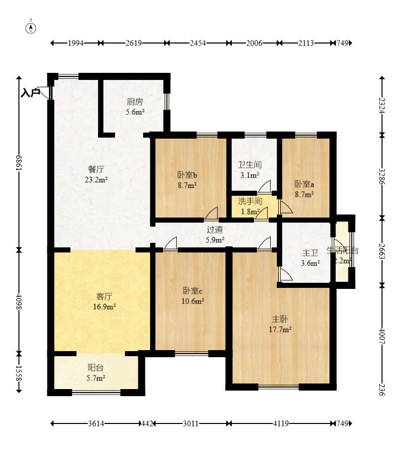新城国际花都  4室2厅2卫    2200.0元/月户型图