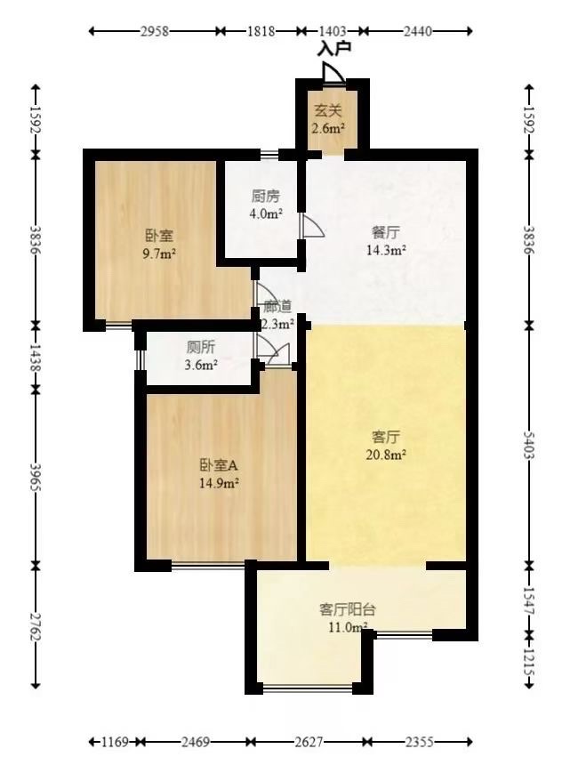 江山帝景雅典  2室2厅1卫   2100.00元/月户型图