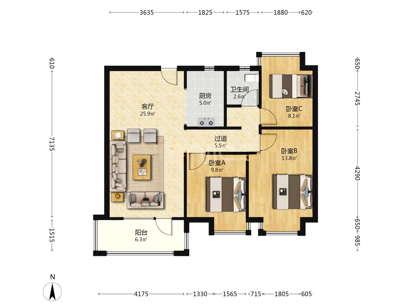 当代尚品苑 3室2厅1卫 46.0万 当代尚品苑 3室2厅1卫 46.0万室内图