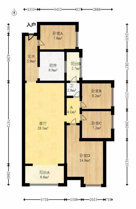 上园商住小区  4室2厅1卫   3800.00元/月户型图