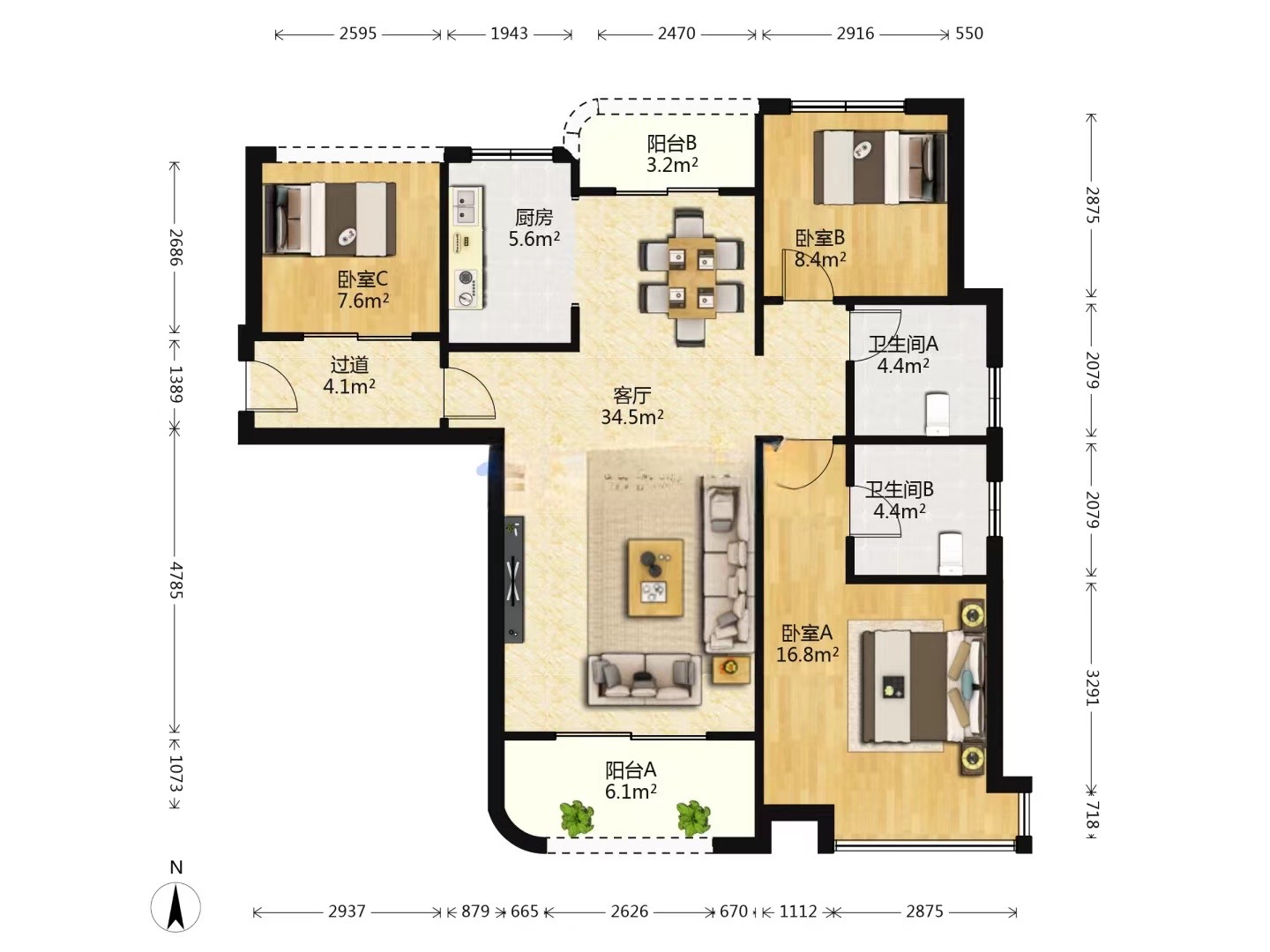 五矿万境水岸二期（五矿万境水岸和苑）  3室2厅2卫    3280.0元/月户型图
