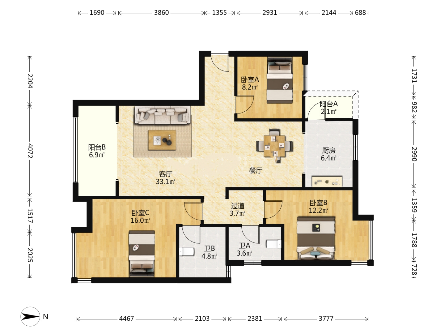 华晨藏龙湾 3室2厅2卫 42.8万 华晨藏龙湾 3室2厅2卫 42.8万室内图
