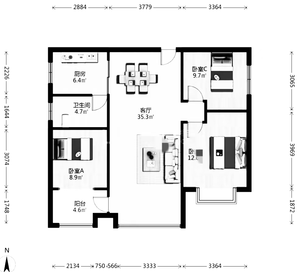 416地质队  3室2厅1卫    52.0万室内图
