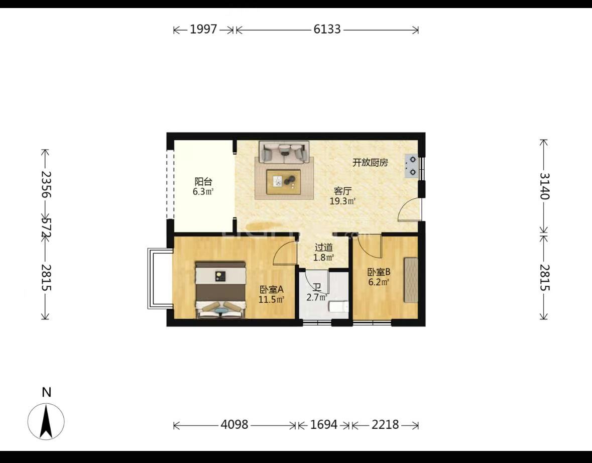 城市公园  2室2厅1卫    38.8万室内图