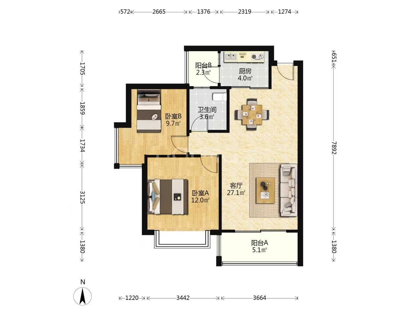 城市风景 2室2厅1卫 42.8万 城市风景 2室2厅1卫 42.8万室内图