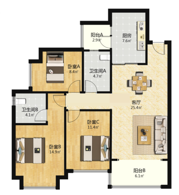 株洲恒大悦珑台  3室2厅2卫    96.0万室内图