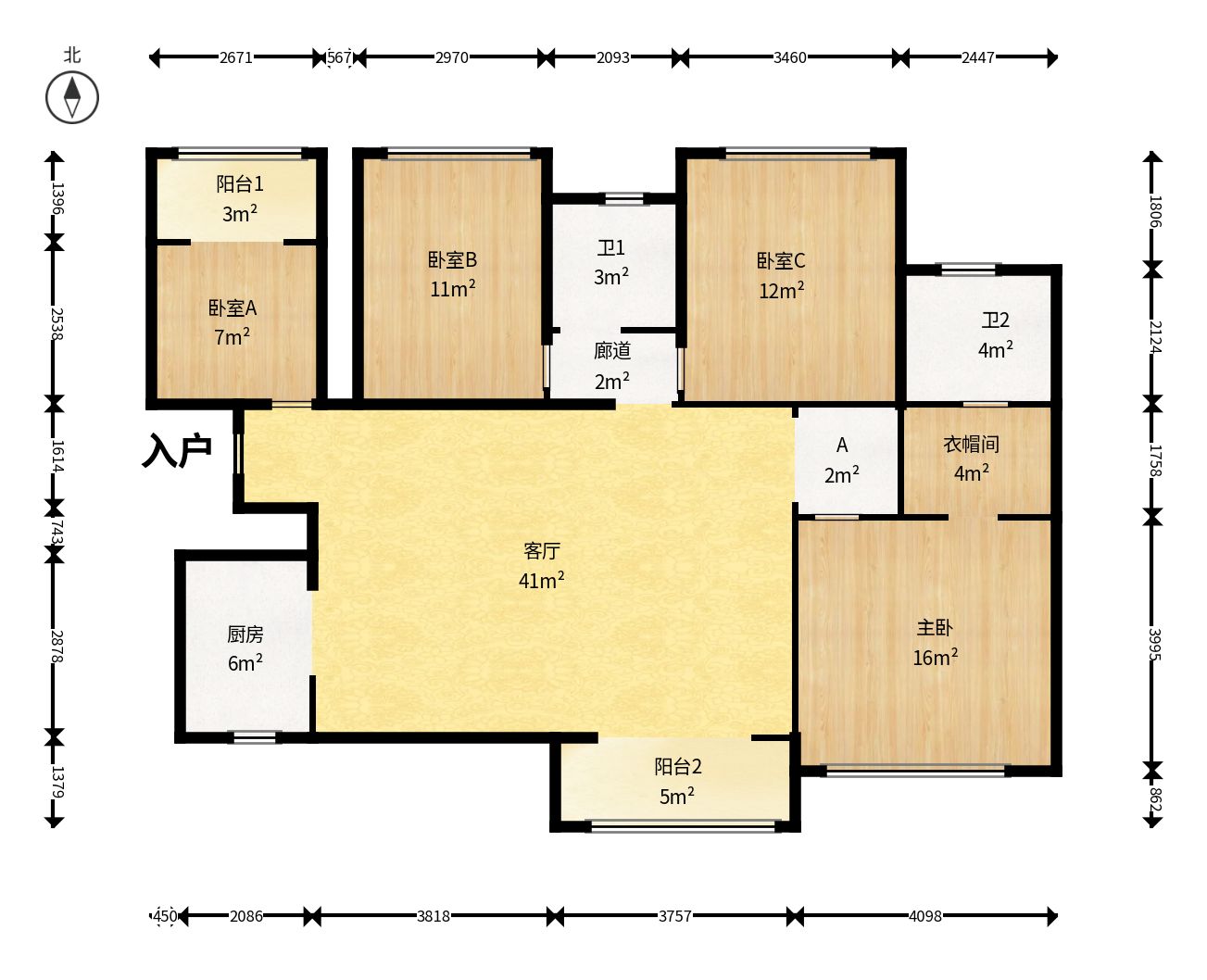 米兰春天  3室2厅2卫    2300.0元/月户型图