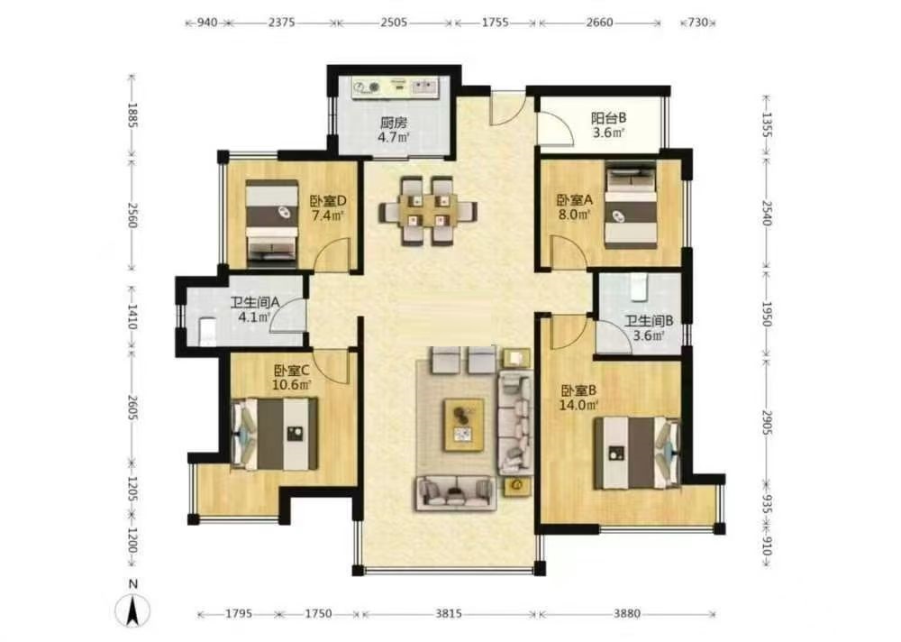 美的翰城  4室2厅2卫    100.0万室内图