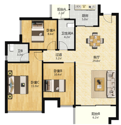 美的翰城  3室2厅2卫    91.0万室内图