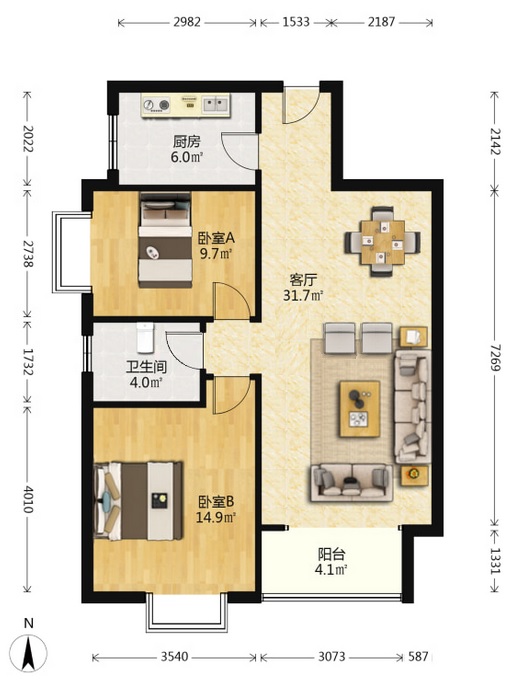 阳光新城  2室2厅1卫    35.8万室内图