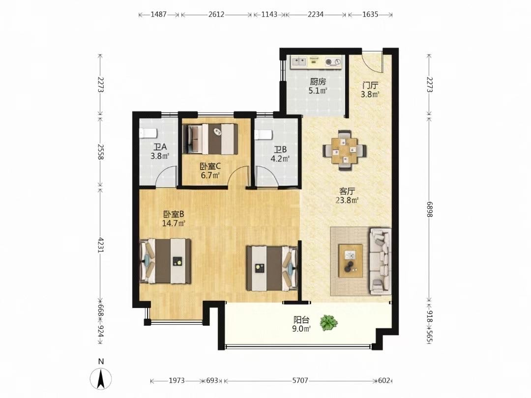 建投象山国际  3室2厅2卫    2800.0元/月户型图