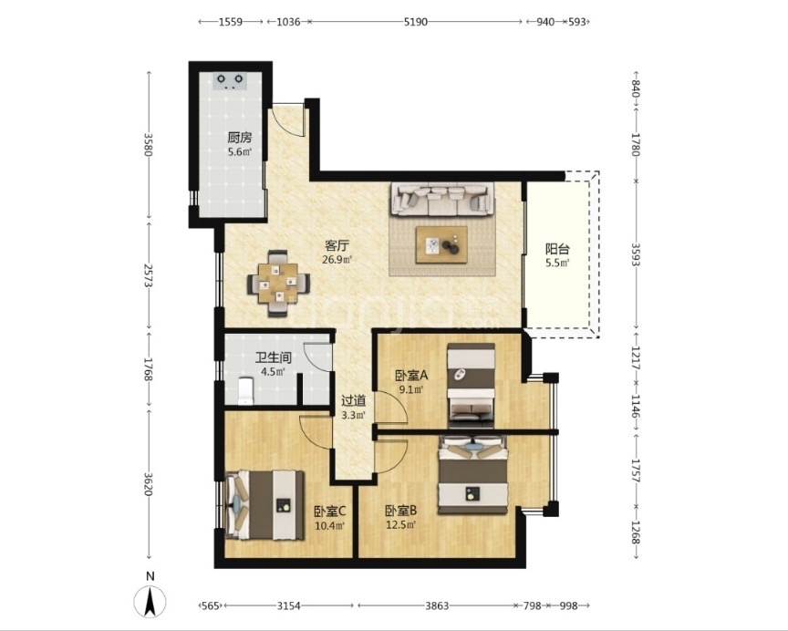 美丽华居  3室2厅1卫    129.8万客厅