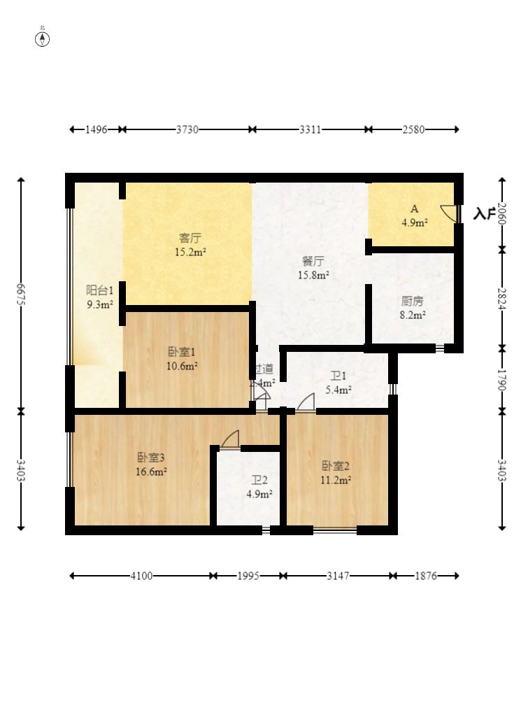 万科滨河道  3室2厅2卫    3000.0元/月户型图