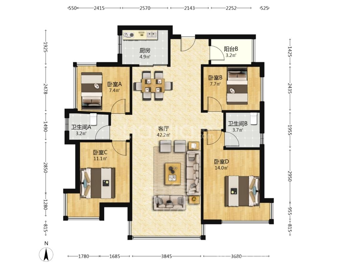 美的翰城  4室2厅2卫    2200.0元/月室内图1