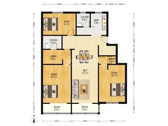 南华苑 3室2厅2卫 1800.0元/月 南华苑 3室2厅2卫 1800.0元/月户型图