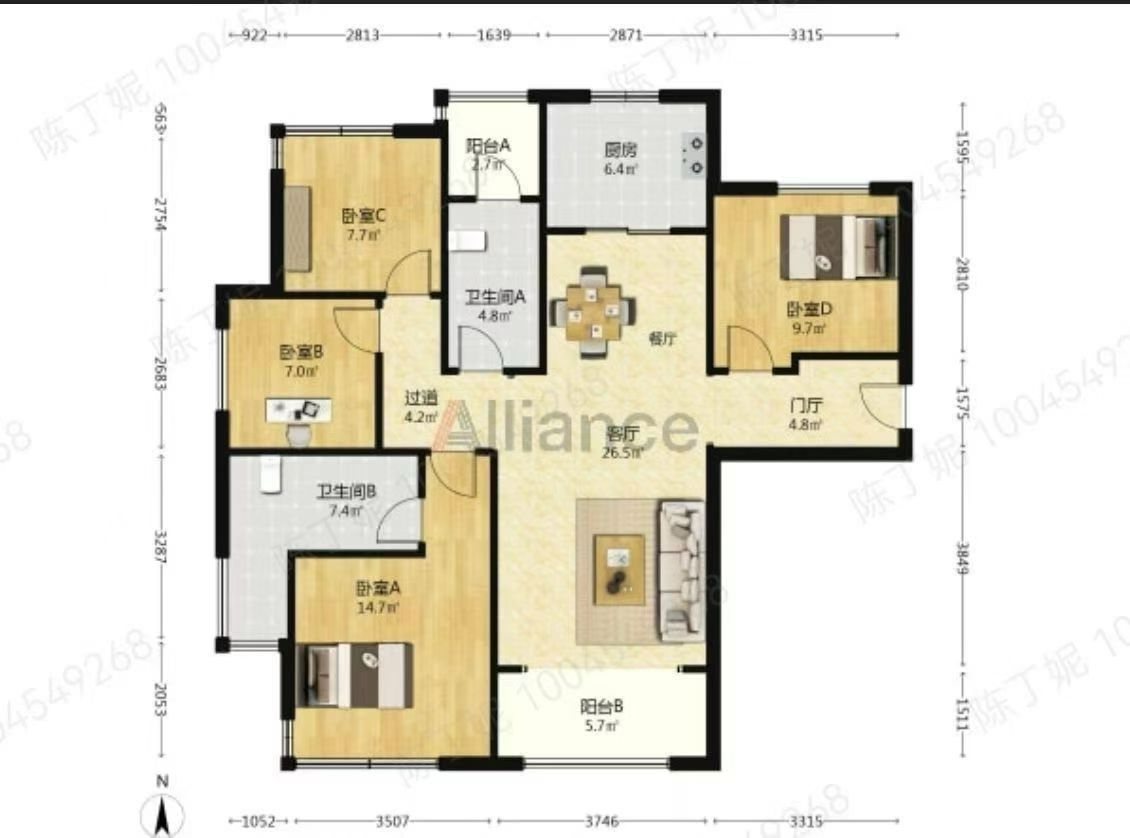 天骄福邸  2室2厅1卫    2100.0元/月户型图