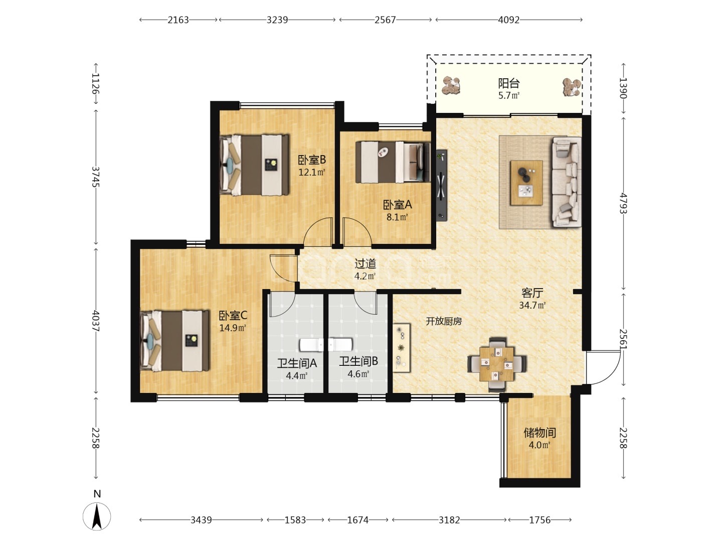 锦地翰城一期 3室2厅2卫 135.0万 锦地翰城一期 3室2厅2卫 135.0万户型图