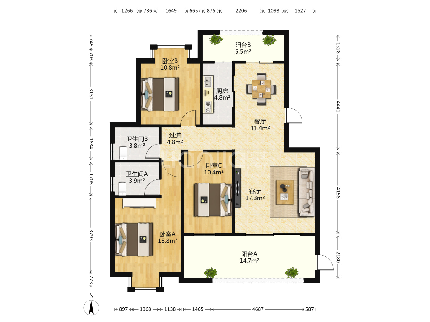 海航豪庭南苑  3室2厅2卫    229.0万户型图