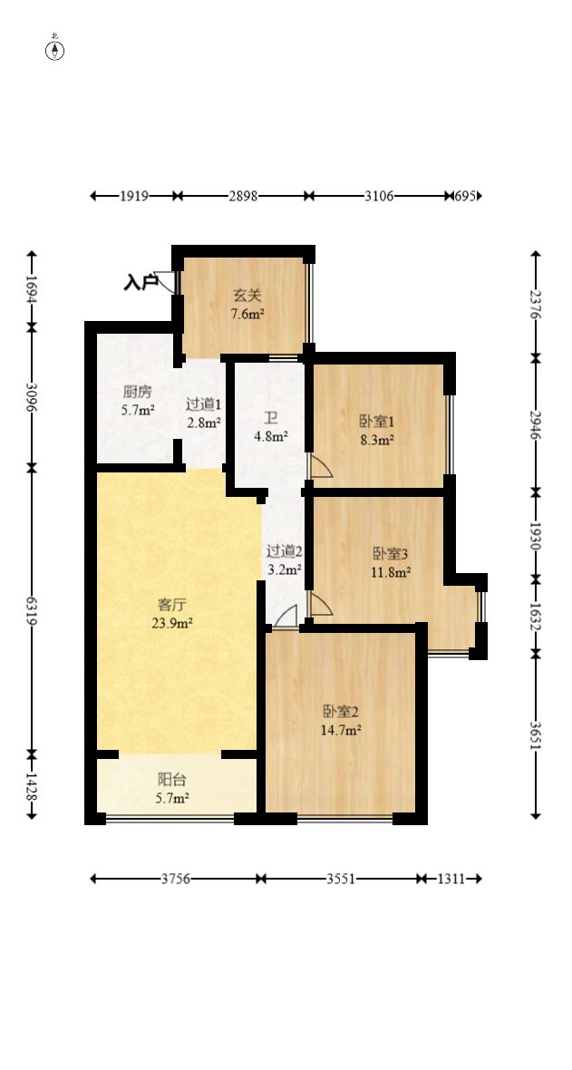 明发阅江悦府  3室2厅2卫    2400.0元/月户型图
