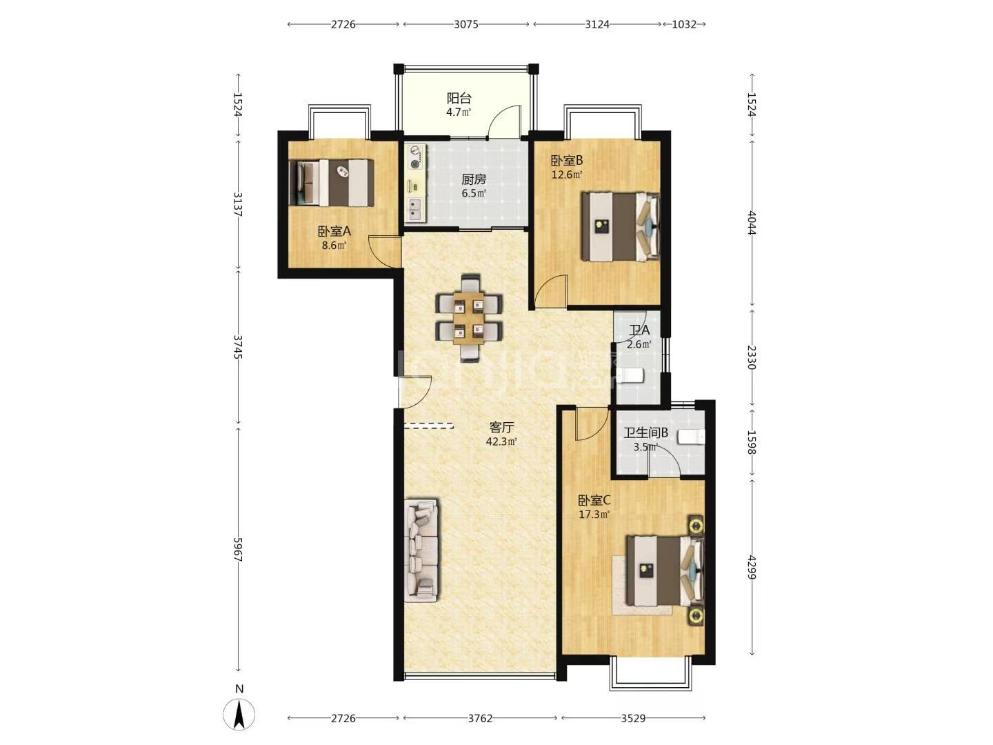 庐山恋  3室2厅2卫    58.8万室内图