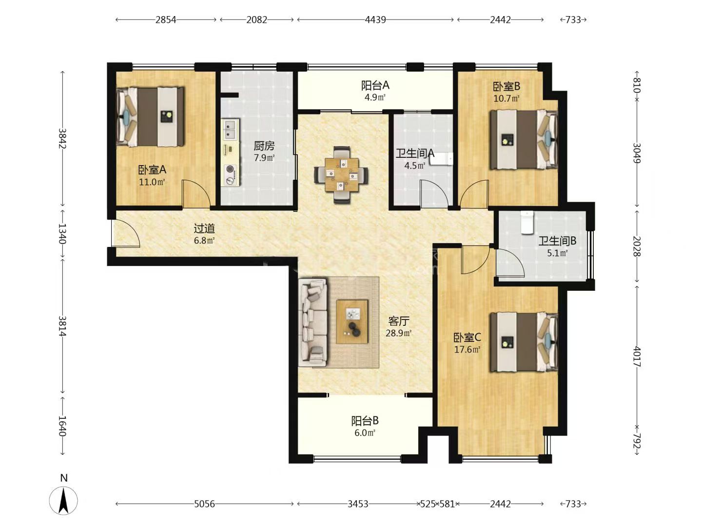 凯旋名门人民中路1006号  3室2厅2卫    56.8万