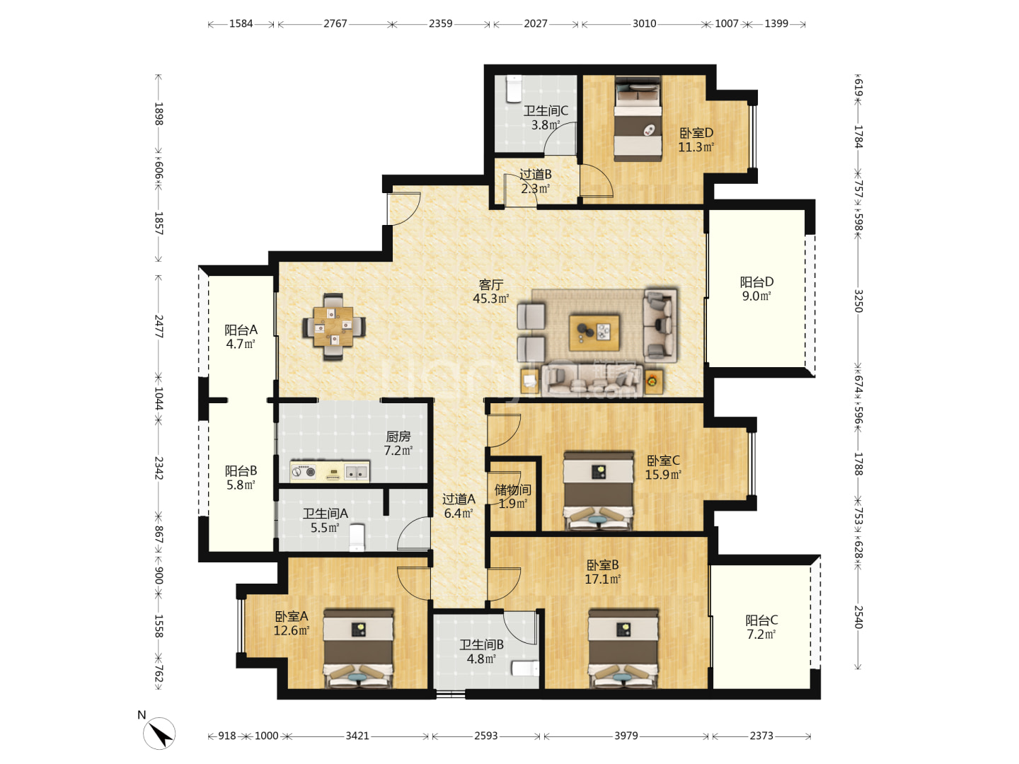 海航豪庭南苑 4室2厅3卫 380.0万 海航豪庭南苑 4室2厅3卫 380.0万户型图