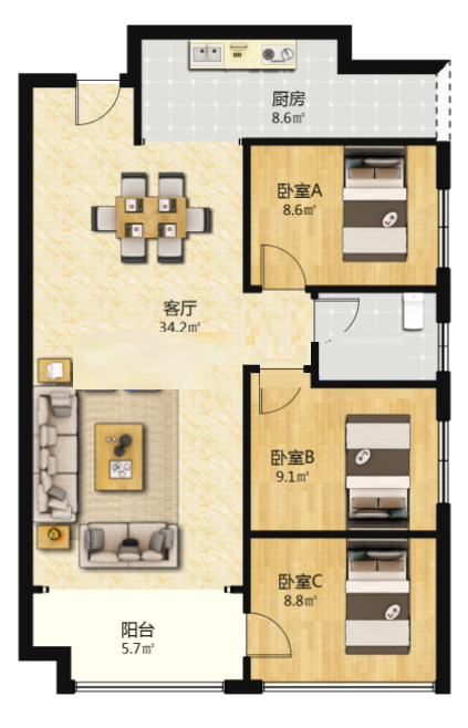 山水洲城华晨第一城  3室2厅1卫    36.0万室内图1
