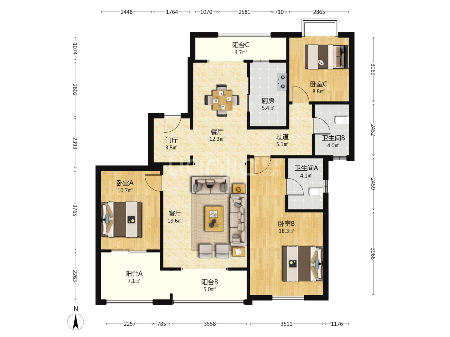 海航豪庭南苑 3室2厅2卫 268.0万 海航豪庭南苑 3室2厅2卫 268.0万户型图