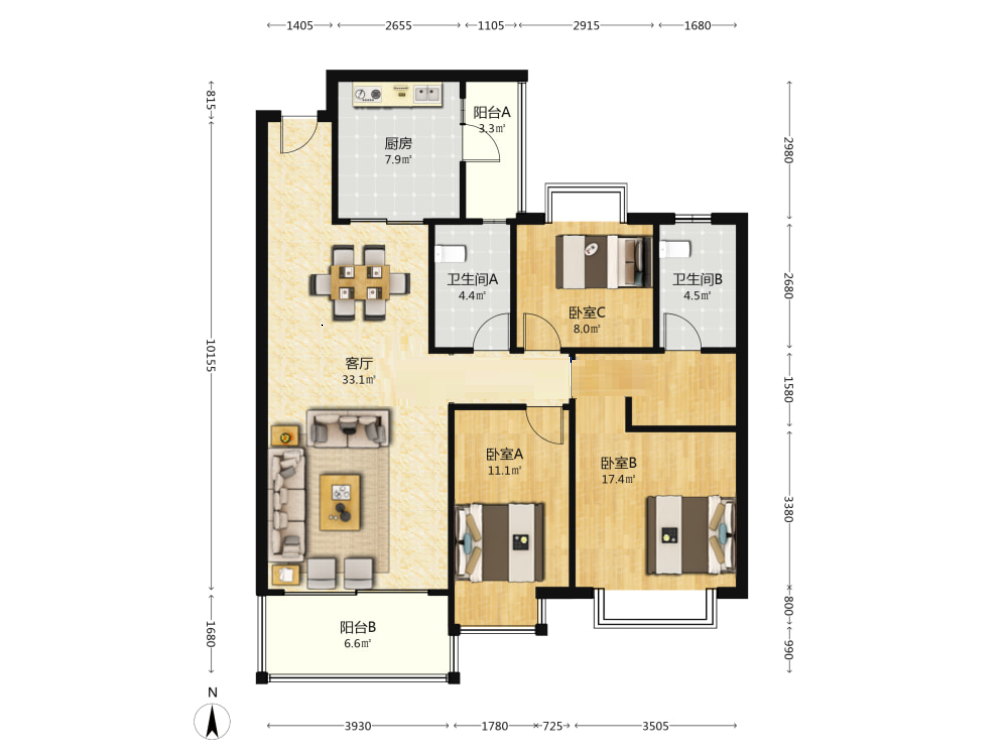 株洲恒大悦珑台  3室2厅2卫    90.0万室内图