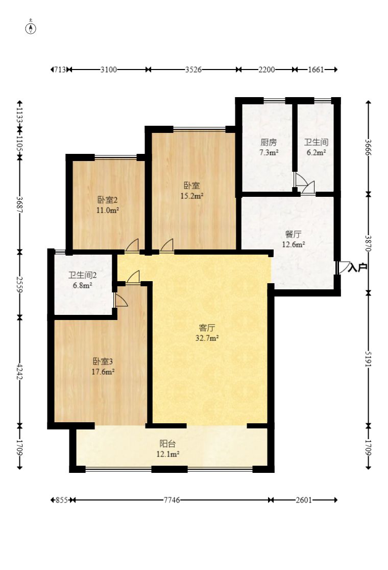 八方小区C区  3室2厅2卫    3500.0元/月户型图
