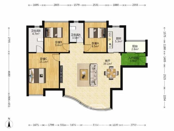 湘域熙岸 3室2厅2卫 3200.0元/月 湘域熙岸 3室2厅2卫 3200.0元/月户型图