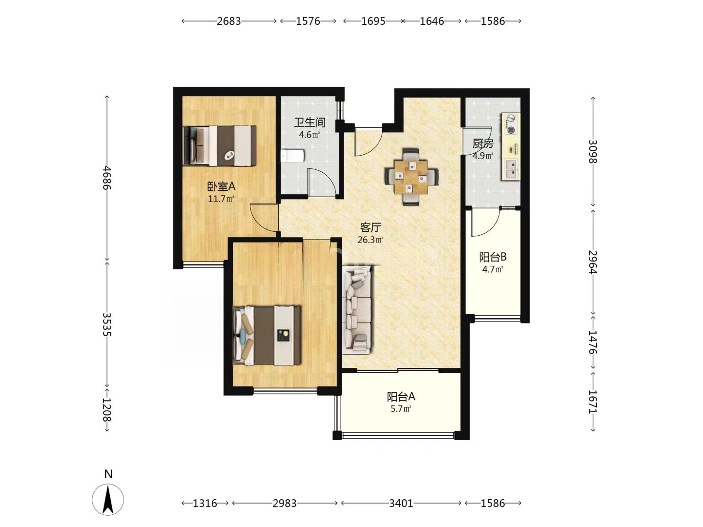 晋合湘水湾四期  2室2厅1卫    68.0万室内图