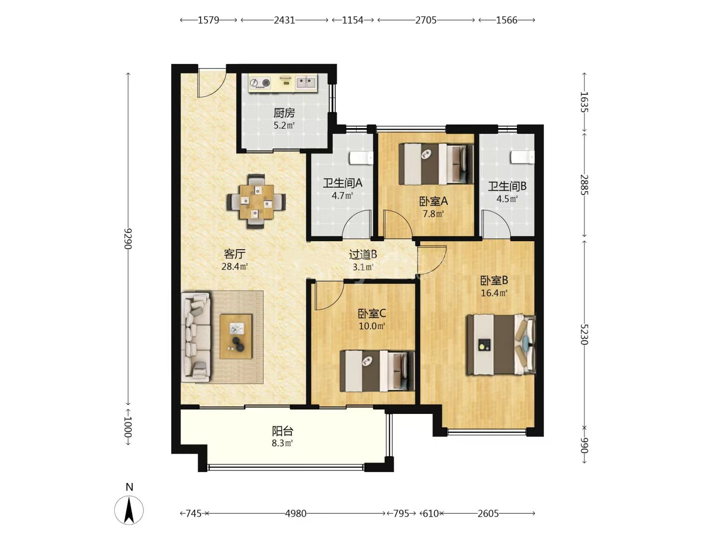 美的湾 3室2厅2卫 68.8万 美的湾 3室2厅2卫 68.8万室内图