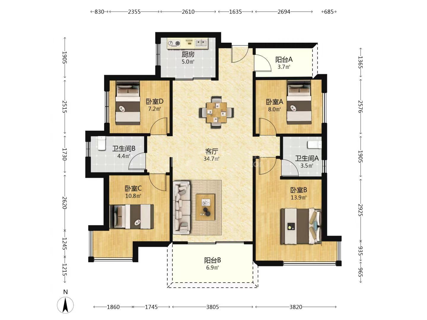 美的翰城  4室2厅2卫    109.0万室内图