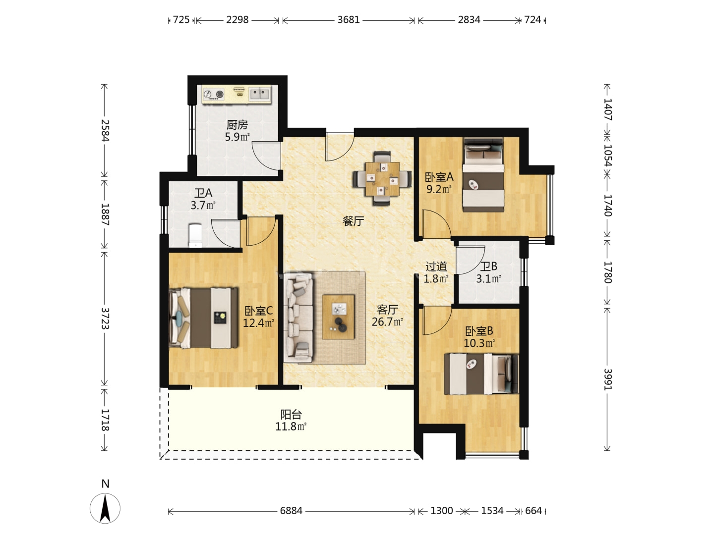 时代新城(翰林府) 3室2厅2卫 56.0万 时代新城(翰林府) 3室2厅2卫 56.0万室内图