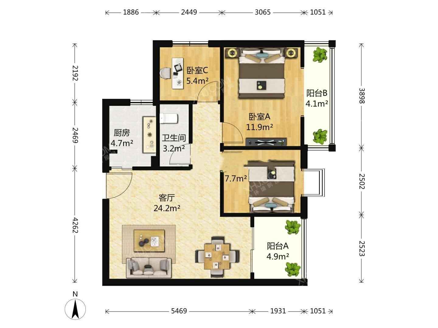 千和馨城  3室2厅1卫   2800.00元/月室内图1