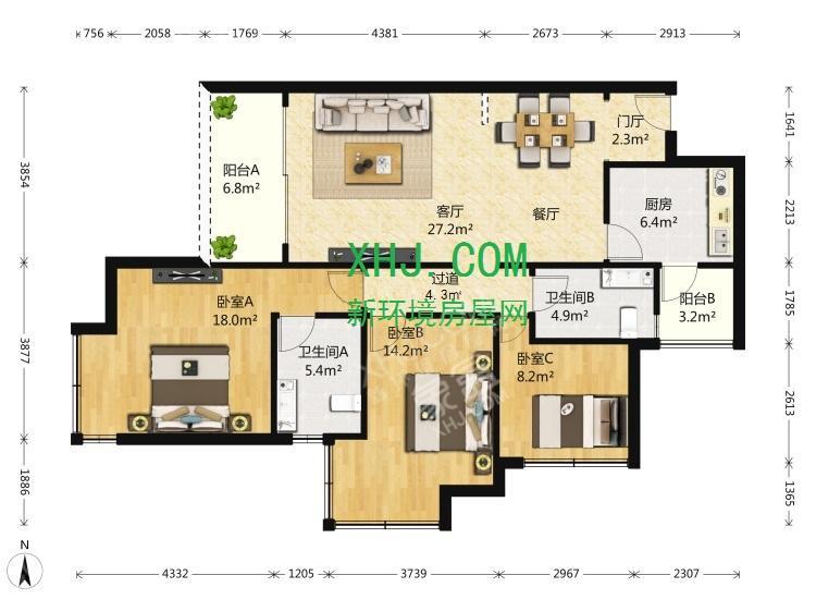 华润凤凰城三期  3室1厅2卫   5800.00元/月室内图1