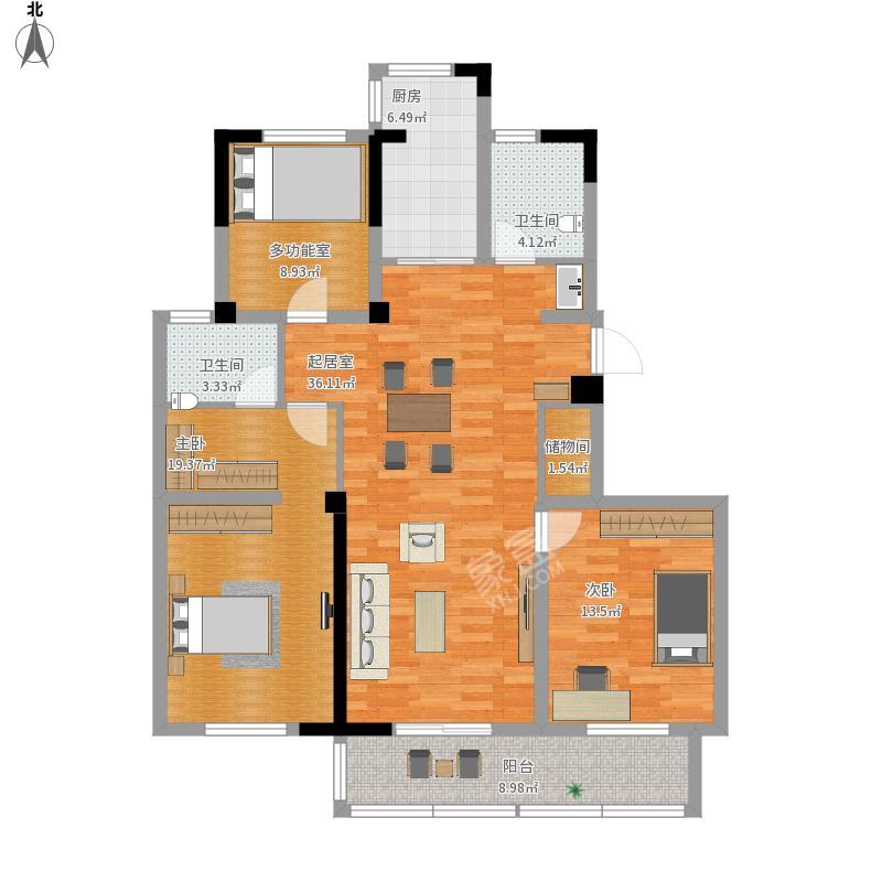 富兴嘉城  3室2厅1卫   1600.00元/月户型图