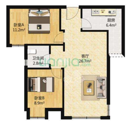 天府鹤林-西区（一期）  2室1厅1卫   1300.00元/月室内图1