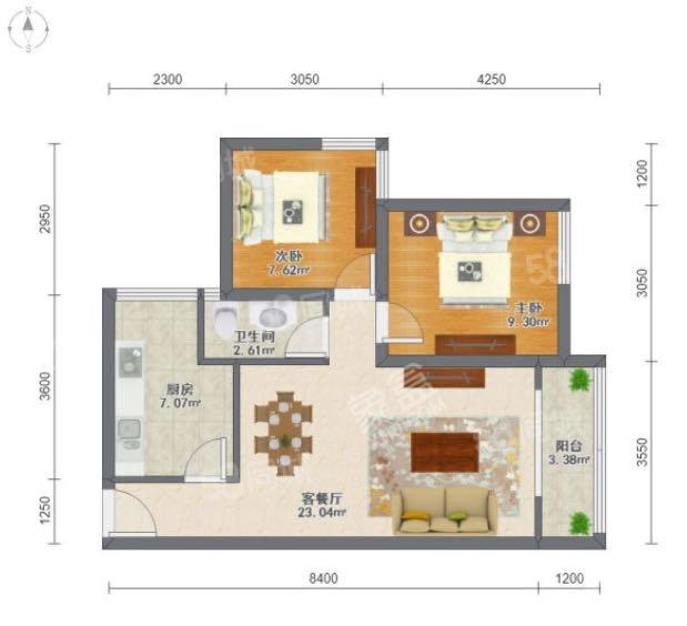 南湖春天  2室2厅1卫   1700.00元/月户型图