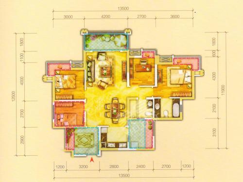 天府美岸  3室2厅2卫   2390.00元/月户型图