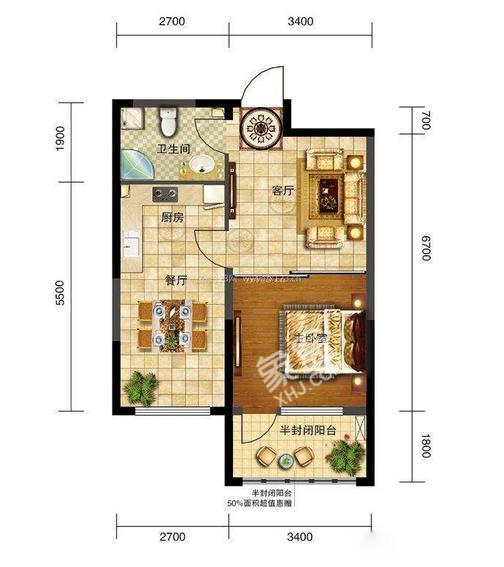 梓怡华盛家园  3室2厅1卫   2000.00元/月户型图